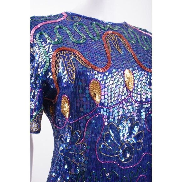 Vintage Jon Charles Womans Sequin Dress Size P Blue Silk Evening Cocktail Glam - Picture 3 of 6